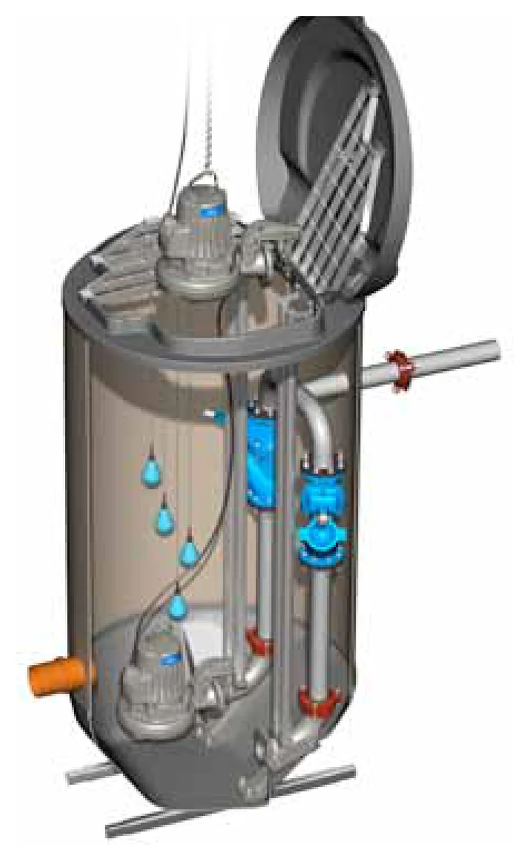 Cutaway of a two-pump wastewater station showing level switches at stop, start and alarm levels