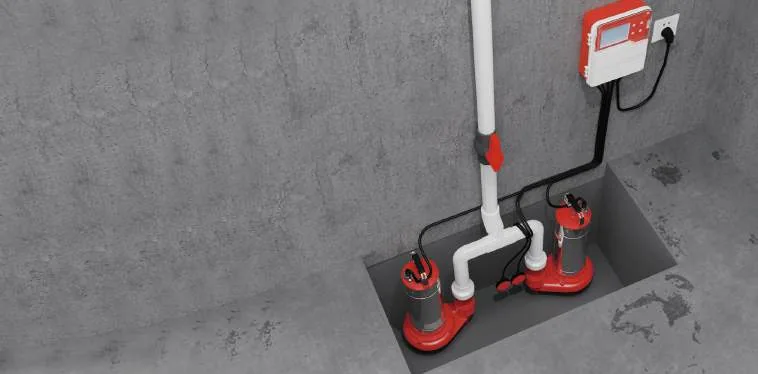 Twin-pump lifting station recessed into a concrete floor pit in a basement plant area