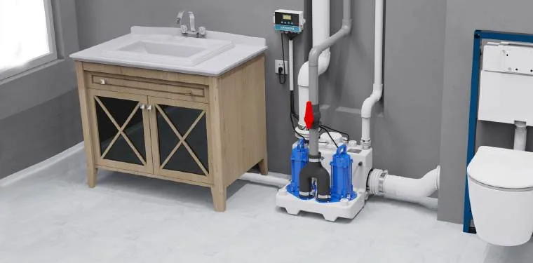 Lifting station installed beside a bathroom vanity unit and wall-hung WC in a basement bathroom
