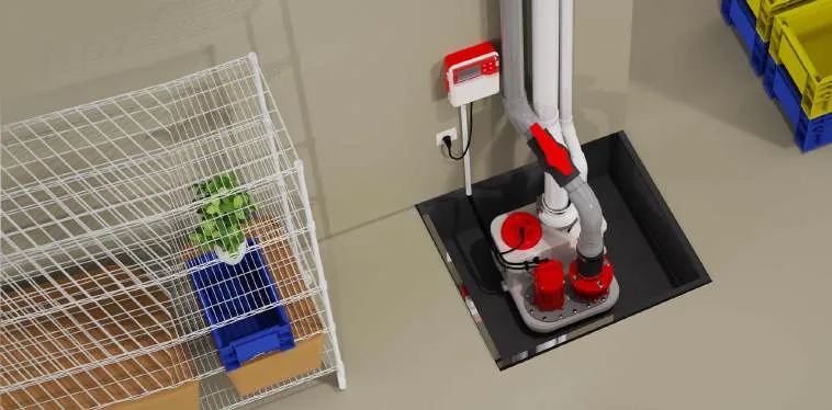 Pit-mounted twin lifting station in a commercial storage and logistics area