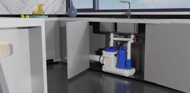 Compact lifting station installed under a commercial kitchen sink unit
