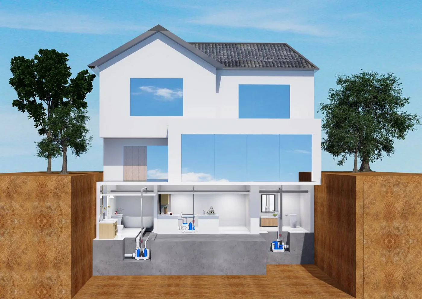 Coupe d'une villa montrant les stations de relevage installées au sous-sol, desservant salle de bains et cuisine sous le niveau de l'égout
